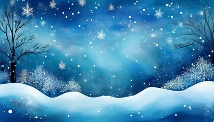 Blue winter background with hand drawn falling snow