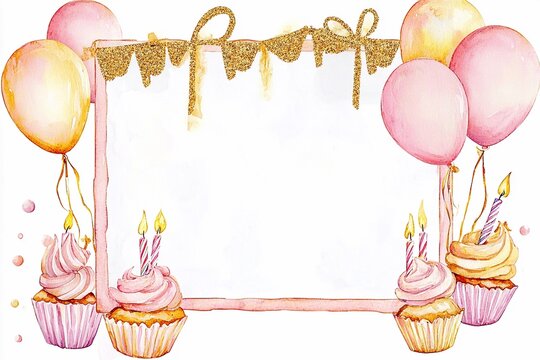 Colorful birthday party decoration featuring cupcakes and balloons with a blank space for personalization