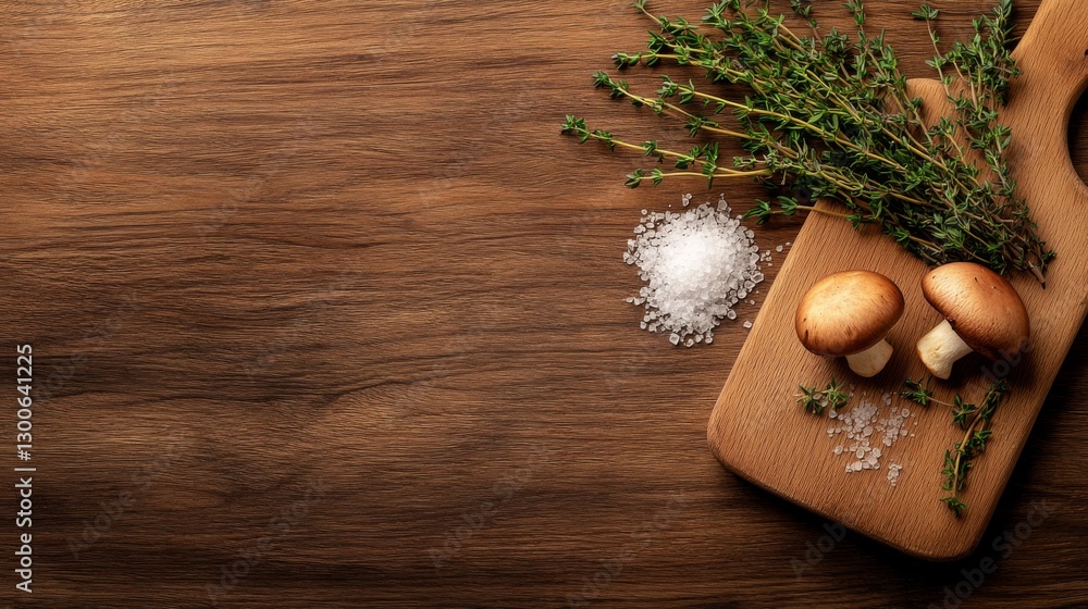 Poster a royal champignon mushroom rests on a rustic cutting board, accompanied by fresh thyme and coarse s