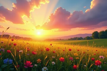Fototapeta premium Vibrant sunrise paints meadow golds, pinks, oranges , clouds, nature, flowers