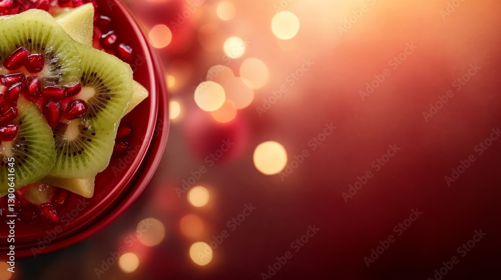 Aufkleber close-up view of a whimsical dessert designed as a star using kiwi and pomegranate seeds, set agains