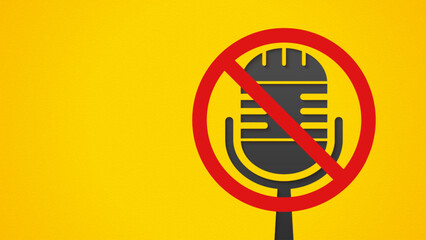 A black microphone with a cross sign on a yellow background. Concept illustration of a silenced voice, speechless, don't speak up, and don't be honest