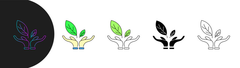 Two hands holding a leaf icon, symbolizing sustainability, environmental awareness, growth, and ecological consciousness. Features variations, gradients, colored, minimalist, solid, and outlines.