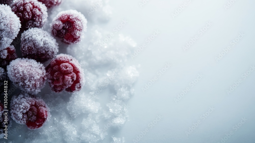 Poster close-up view of a cluster of blackberries adorned with frost, showcasing their detailed texture aga