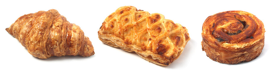 set of three french pastries, on white isolated background