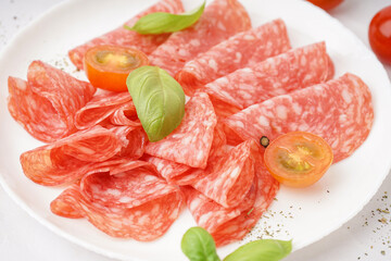 Plate with slices of tasty salami on light background