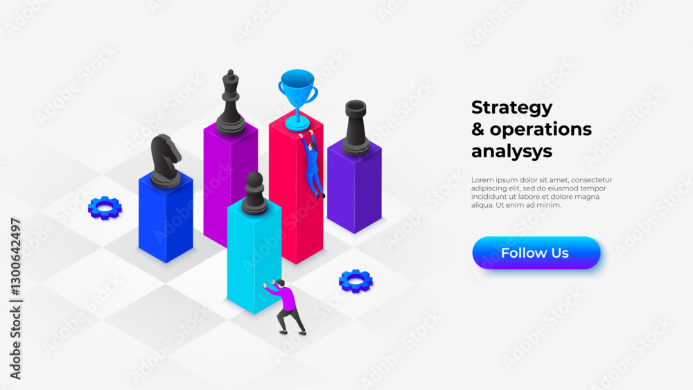 Poster isometric illustration representing strategic operations with chess pieces and trophies symbolizing 