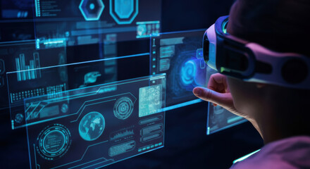 Person using virtual reality headset to interact with holographic displays