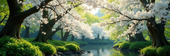 Fototapeta premium White cherry blossoms and green foliage on Roosevelt Island in spring , bright, island