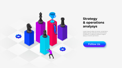 Isometric illustration representing strategic operations with chess pieces and trophies symbolizing success. Collaborative and goal-oriented efforts in business and personal pursuits