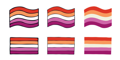 Set of colorful Lesbian pride flag Happy pride day LGBTQIA community Pride Month Vector hand drawn doodle for posters, stickers, logo, cards