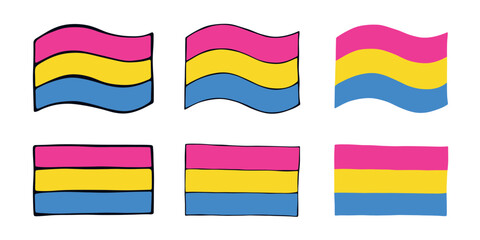 Set of colorful Pansexual pride flag Happy pride day LGBTQIA community Pride Month Vector hand drawn doodle for posters, stickers, logo, cards