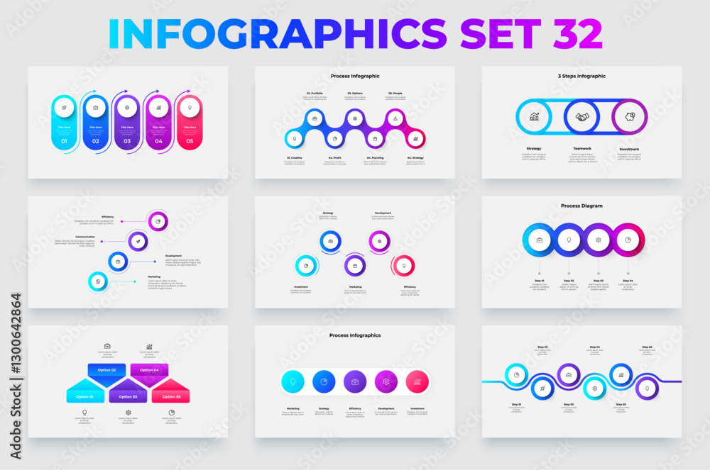 Poster Set of Modern Infographic Templates for Business Presentations and Data Visualization. Banners, timelines and abstract elements with 4, 5 and 6 steps, options or processes
