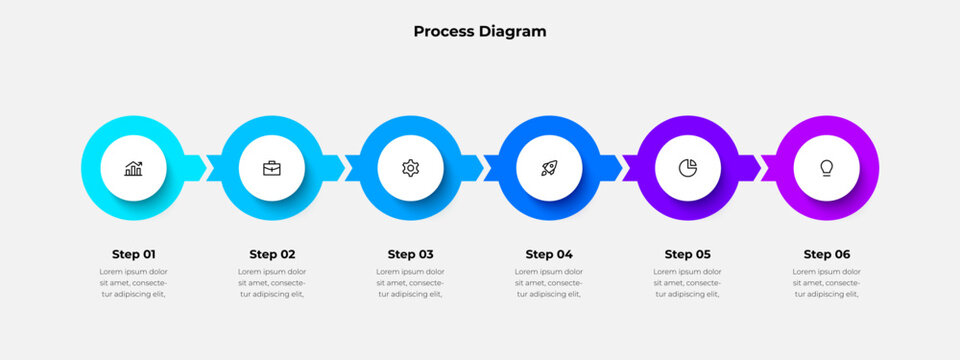 Infographic six step process for business and process visualization, creating engaging presentations, or illustrating project workflows
