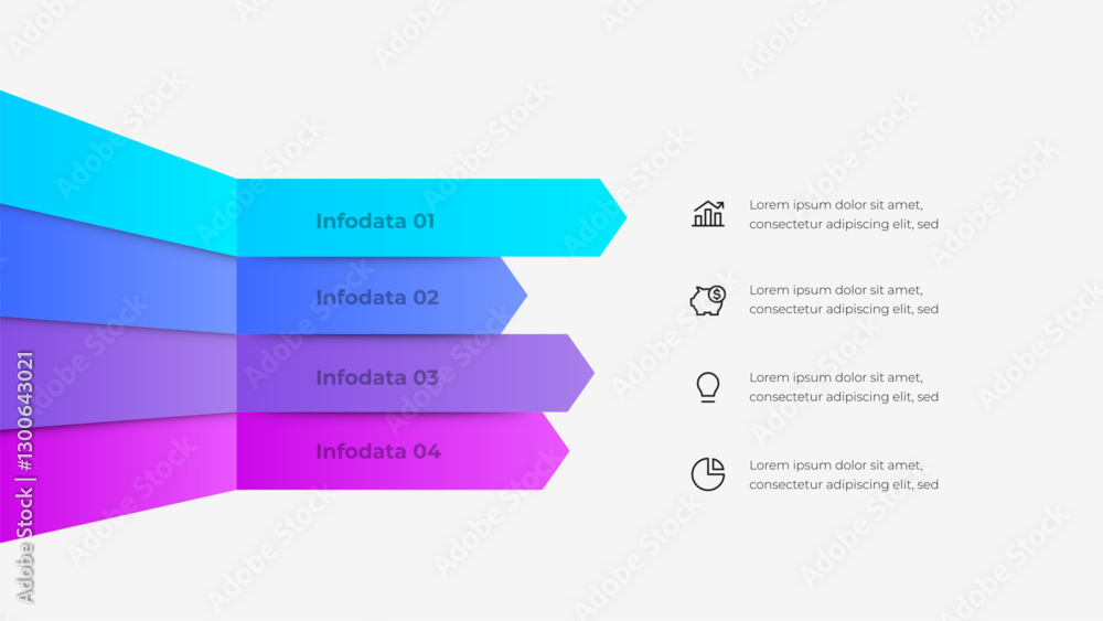 Poster modern infographic with 4 arrows and line icons, illustrating a professional and creative approach t