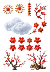 Fototapeta premium Chinese New Year elements plum blossom cherry blossom firecrackers auspicious clouds