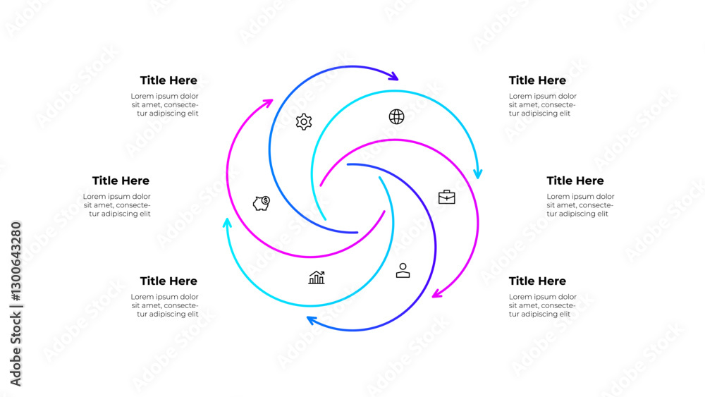 Fototapete line infographic diagram featuring a circular workflow with 6 arrows and icons. business concepts sh