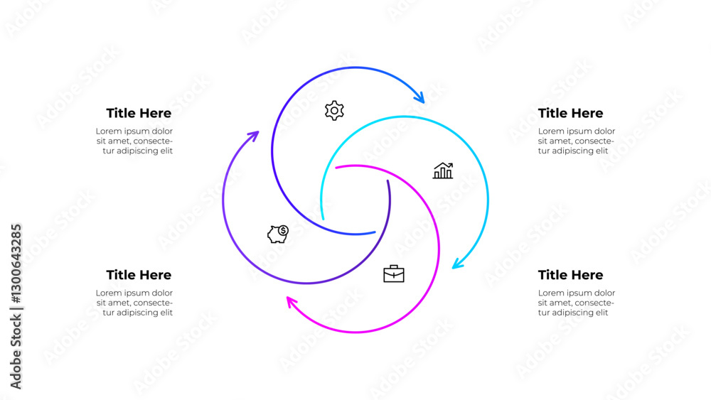 Poster Line infographic diagram featuring a circular workflow with 4 arrows and icons. Business concepts showing growth, finance, and planning, symbolizing continuous improvement and strategic processes