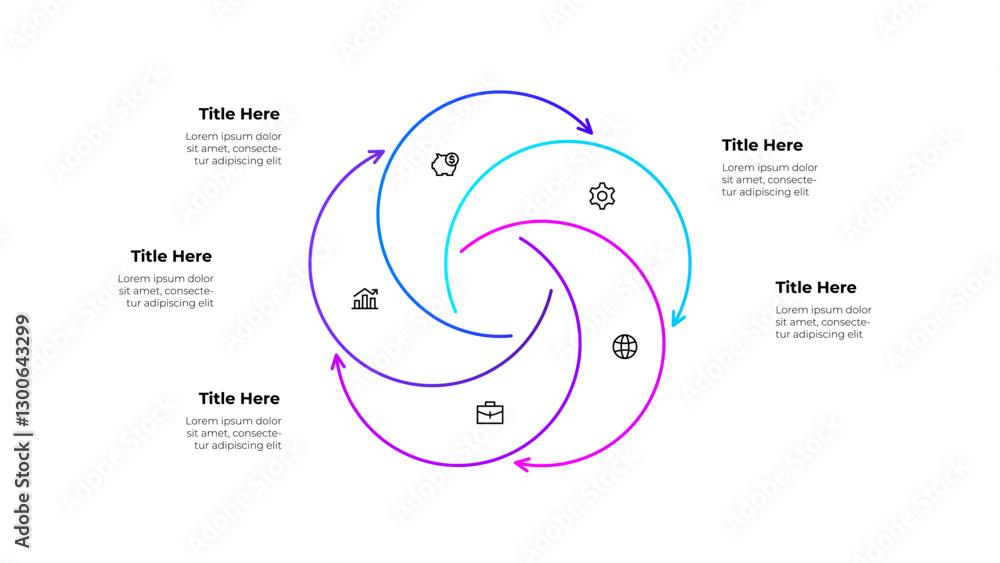 Poster Line infographic diagram featuring a circular workflow with 5 arrows and icons. Business concepts showing growth, finance, and planning, symbolizing continuous improvement and strategic processes