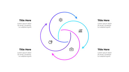 Fototapeta premium Line infographic diagram featuring a circular workflow with 4 arrows and icons. Business concepts showing growth, finance, and planning, symbolizing continuous improvement and strategic processes