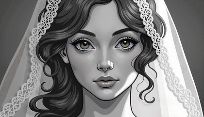 Elegant girl in veil gazing softly, timeless beauty