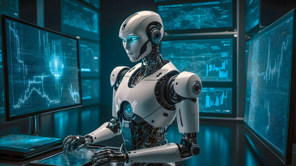 AI Robot Analyzing and Interpreting Data on Multiple Screens, Representing Advanced Data Management and Technology