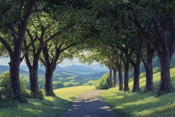 Obraz premium Path through a serene landscape with towering trees and distant mountains during a bright sunny day