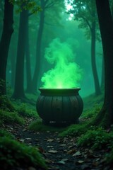Ancient wooden cauldron emitting a toxic green glow in the heart of a dark forest, forest, dark, foggy