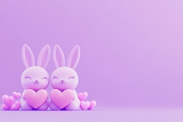 Cute and playful pastel bunnies holding hearts on a light purple background create a whimsical atmosphere for celebrations