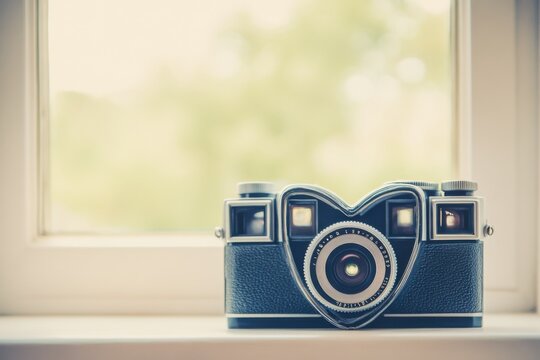 Two vintage cameras arranged in heart shape with retro styling, window light and copy space center