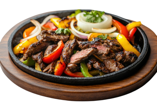 Sizzling fajitas with grilled meat bell peppers and onions served on a wooden platter transparent background - Powered by Adobe