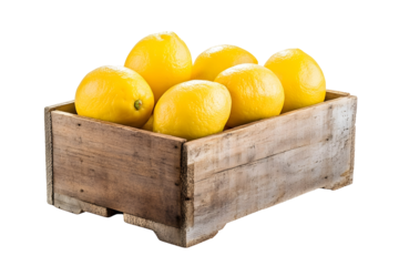 In a wooden box, lemons isolated on white or transparent background, cut out, clipping path