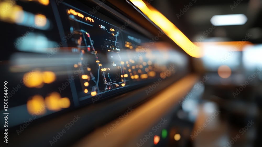 Poster Close-up view of a sleek car dashboard featuring colorful navigation maps and system controls, illuminated by ambient light, with space for text on the right