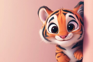 Fototapeta premium Cute cartoon tiger character peeking around a pastel pink wall with a friendly smile and expressive eyes