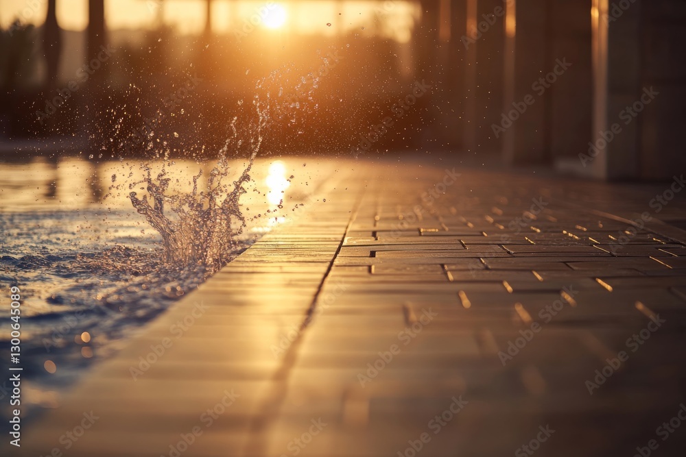 Aufkleber water splashes against a smooth stone surface at sunset, creating ripples that expand outward, while