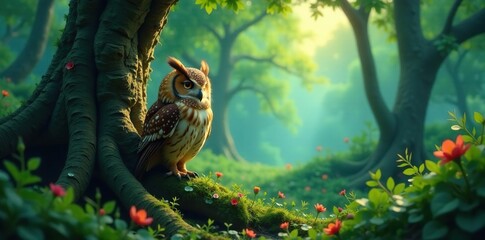 Obraz premium Forest spirit and owl in harmony amidst ancient trees, greenery, owl