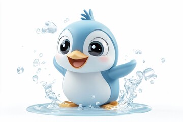 Fototapeta premium Cute cartoon penguin splashing in water, displaying joy and playfulness during a sunny day