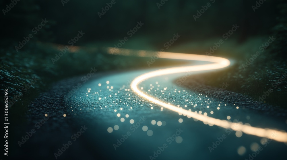 Poster A vivid stream of glowing green particles flows dynamically along a smooth white curve set against a dark background, evoking a sense of movement and energy
