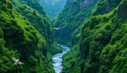 Serene Mountain River Gorge Landscape with Birds in Flight