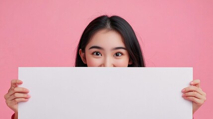 Great Offer. Cheerful Asian Girl Peeking Out Of Empty White Poster Advertising Something Over Pink Studio Background. Mockup, Panorama