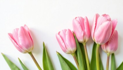Fototapeta premium Pastel pink tulips against white background with a subtle copy space, flat lay, neutral background