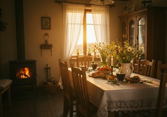 Warm Cozy Dining Room with Fireplace and Table Setting in Natural Light