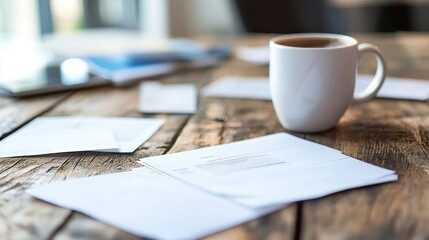 Latte mug overturned on a rustic wooden desk with papers scattered around. Concept of work-life balance, productivity, and casual mishaps.