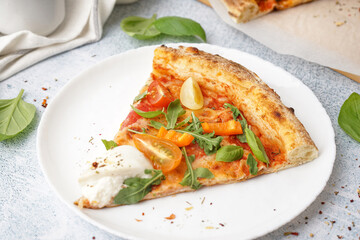 Slice of tasty pizza with Burrata cheese on grey background