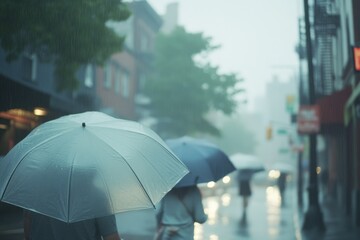 Walking umbrellas during a summer rain shower with motion blur