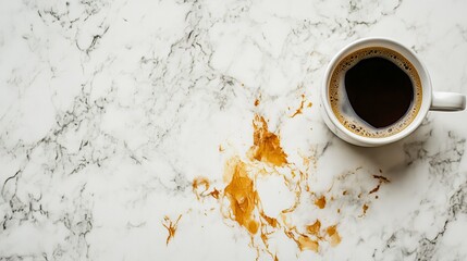 Mug with coffee stains scattered across a marble countertop, left unattended. Concept of morning rush, daily routine, and caffeine addiction.