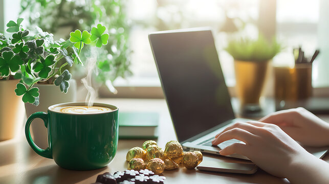 A tidy and modern desk setup with a woman’s hands on a laptop, a steaming cup of coffee in a green St. Patrick’s Day mug, a shamrock plant, and festive gold chocolates 