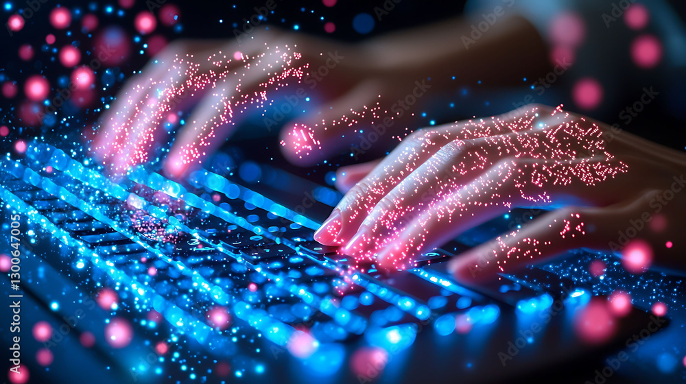 Poster closeup of hands typing on a glowing keyboard, data streams visualized as pink and blue particles. p