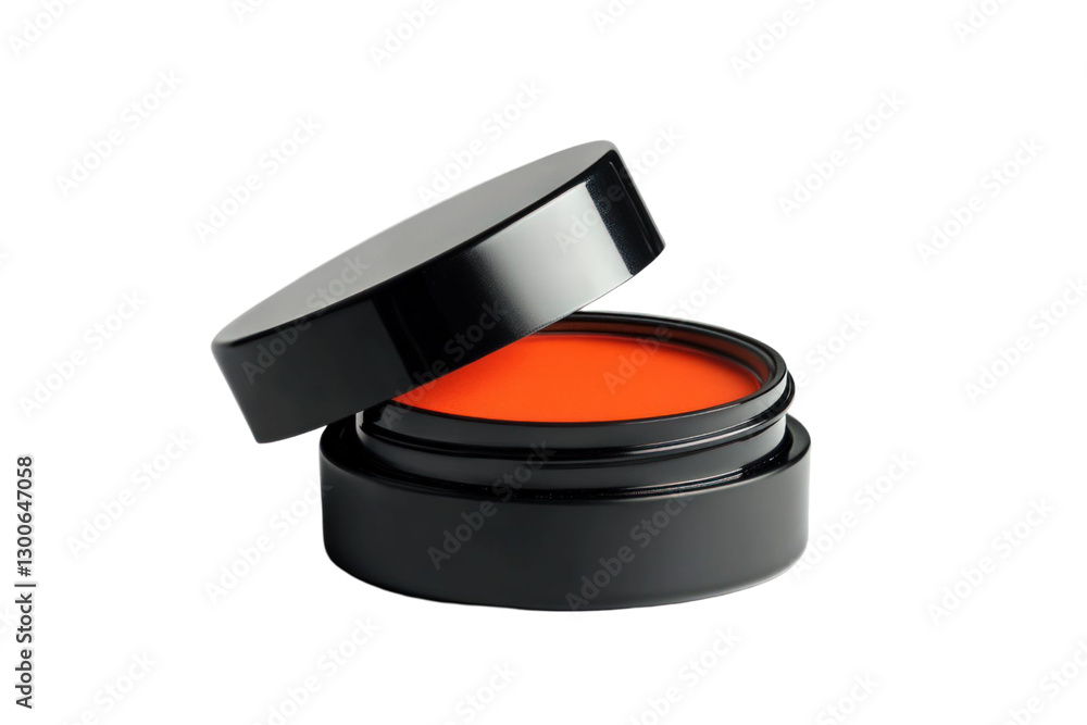 Poster isolated product shot of an open circular container with vibrant orange cosmetic product inside agai