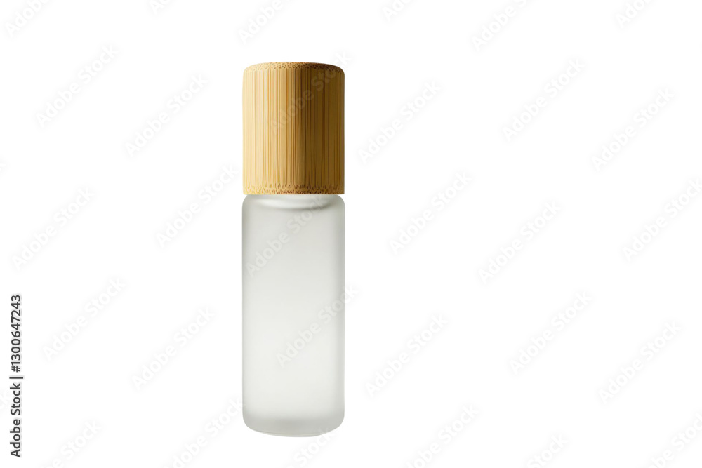 Poster isolated frosted glass bottle with bamboo cap on a transparent background. the bottle is vertically 